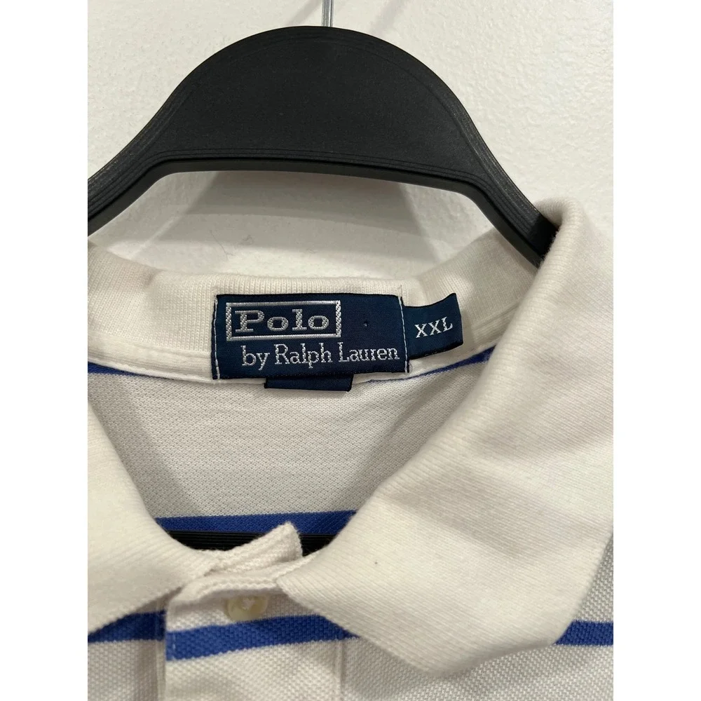 Polo Shirt Ralph Lauren Polo Mens XXL White Blue Striped Top Short Sleeve Cotton